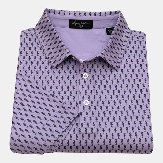 Byron Nelson lavender polo shirt with all-over black seahorse print, performance fabric, and button collar.