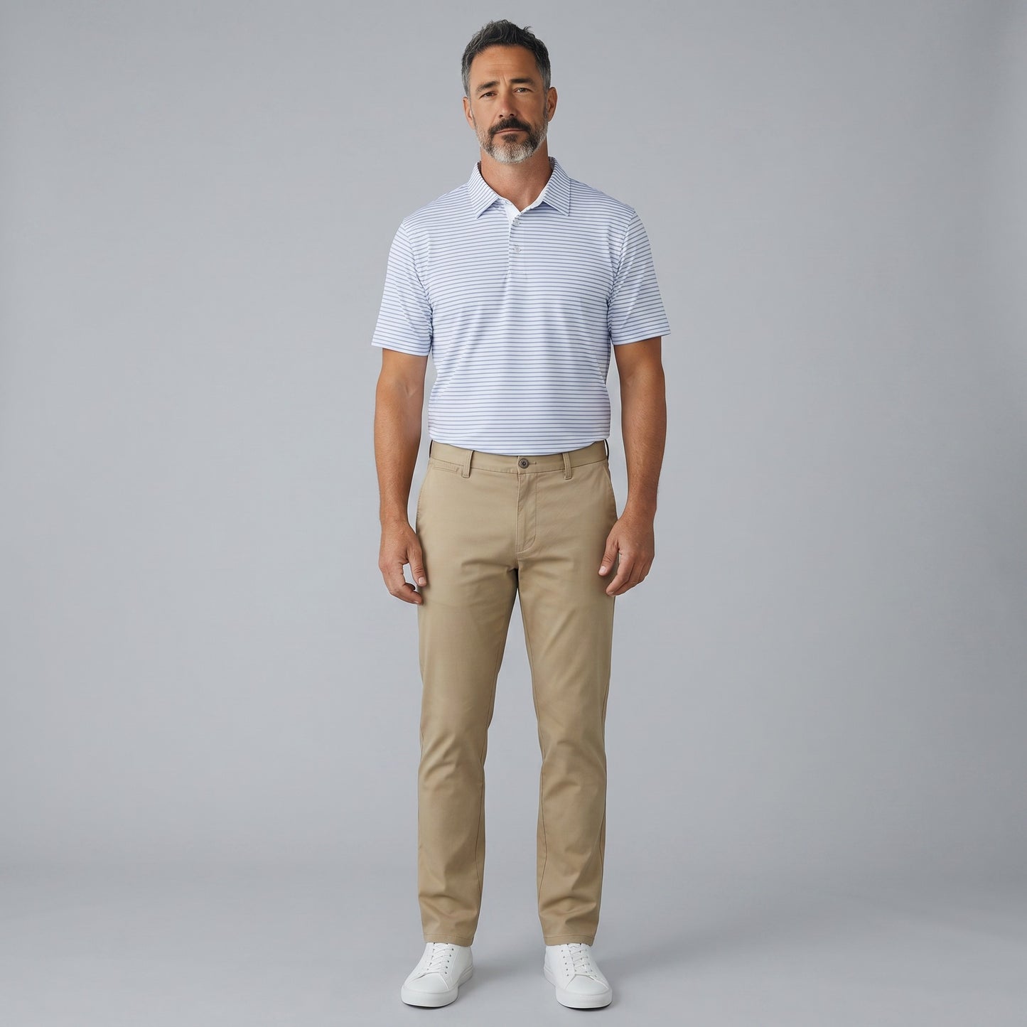 Byron Nelson men's short-sleeve polo shirt in blue and white stripes, made of polyester-spandex blend.