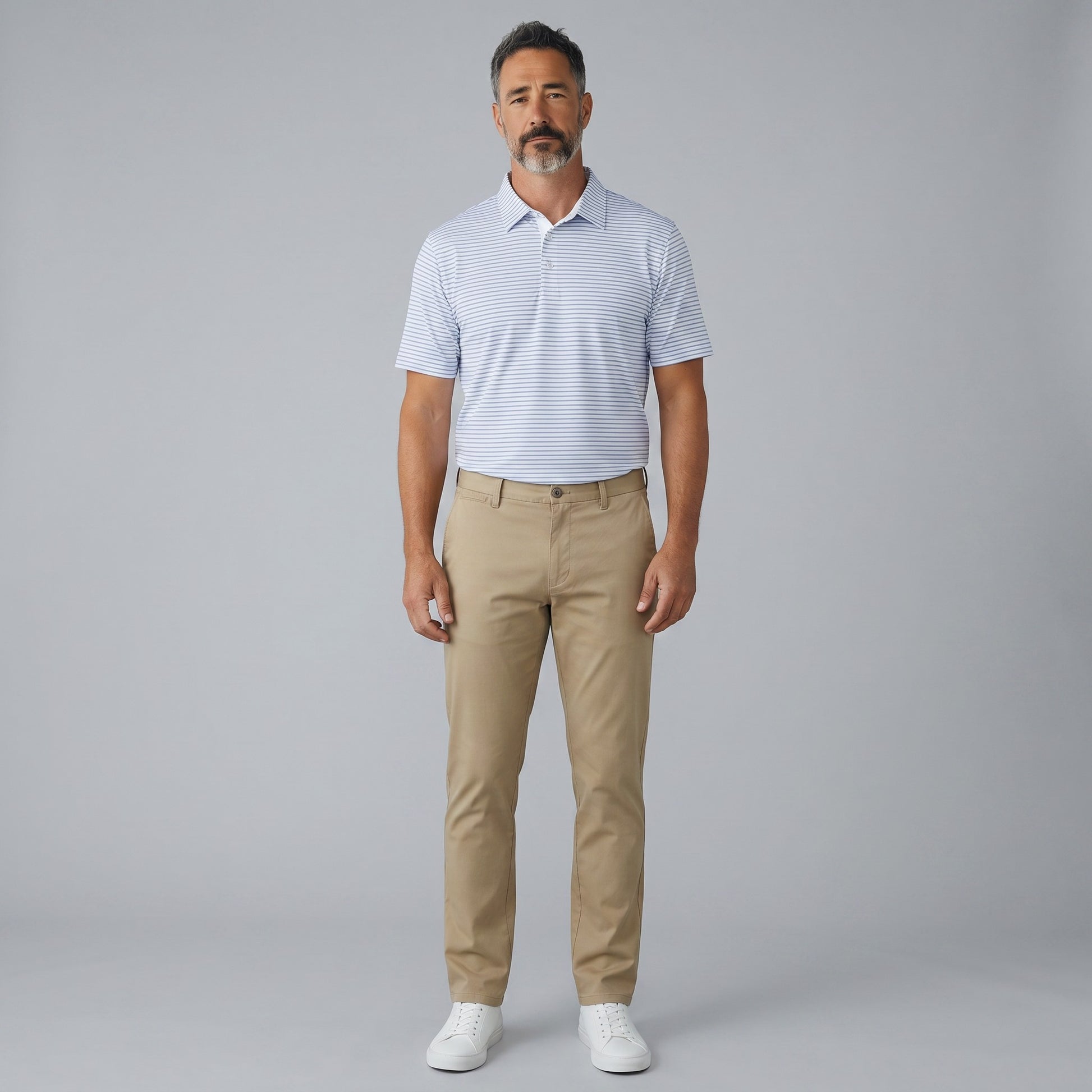 Byron Nelson men's short-sleeve polo shirt in blue and white stripes, made of polyester-spandex blend.