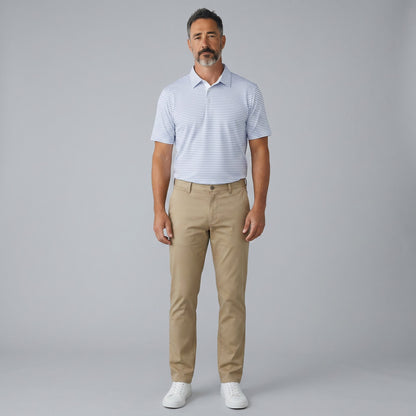 Byron Nelson men's short-sleeve polo shirt in blue and white stripes, made of polyester-spandex blend.