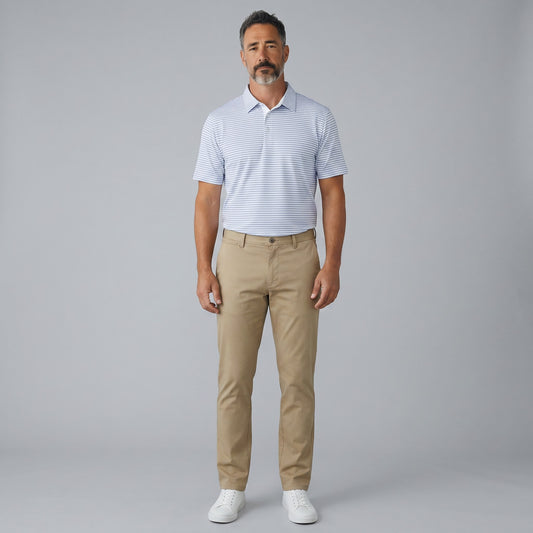 Byron Nelson men's short-sleeve polo shirt in blue and white stripes, made of polyester-spandex blend.