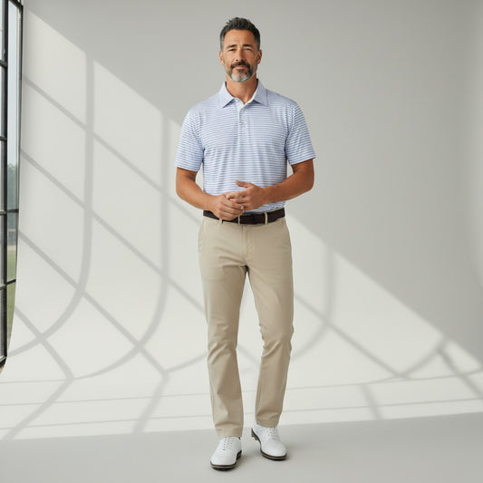 Byron Nelson Seaside Stripe polo shirt in light blue and white worn by a man with beige trousers and golf shoes.