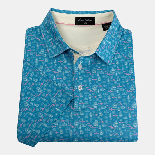 Byron Nelson Shipyard Polo in blue with a patterned stripe design, on a blank background.