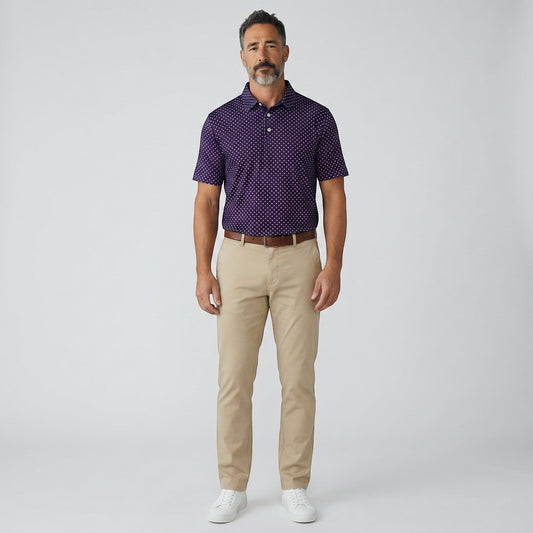 Byron Nelson Star Polo: Men's purple polyester-spandex polo with white polka dots, tailored fit, and moisture-wicking fabric.
