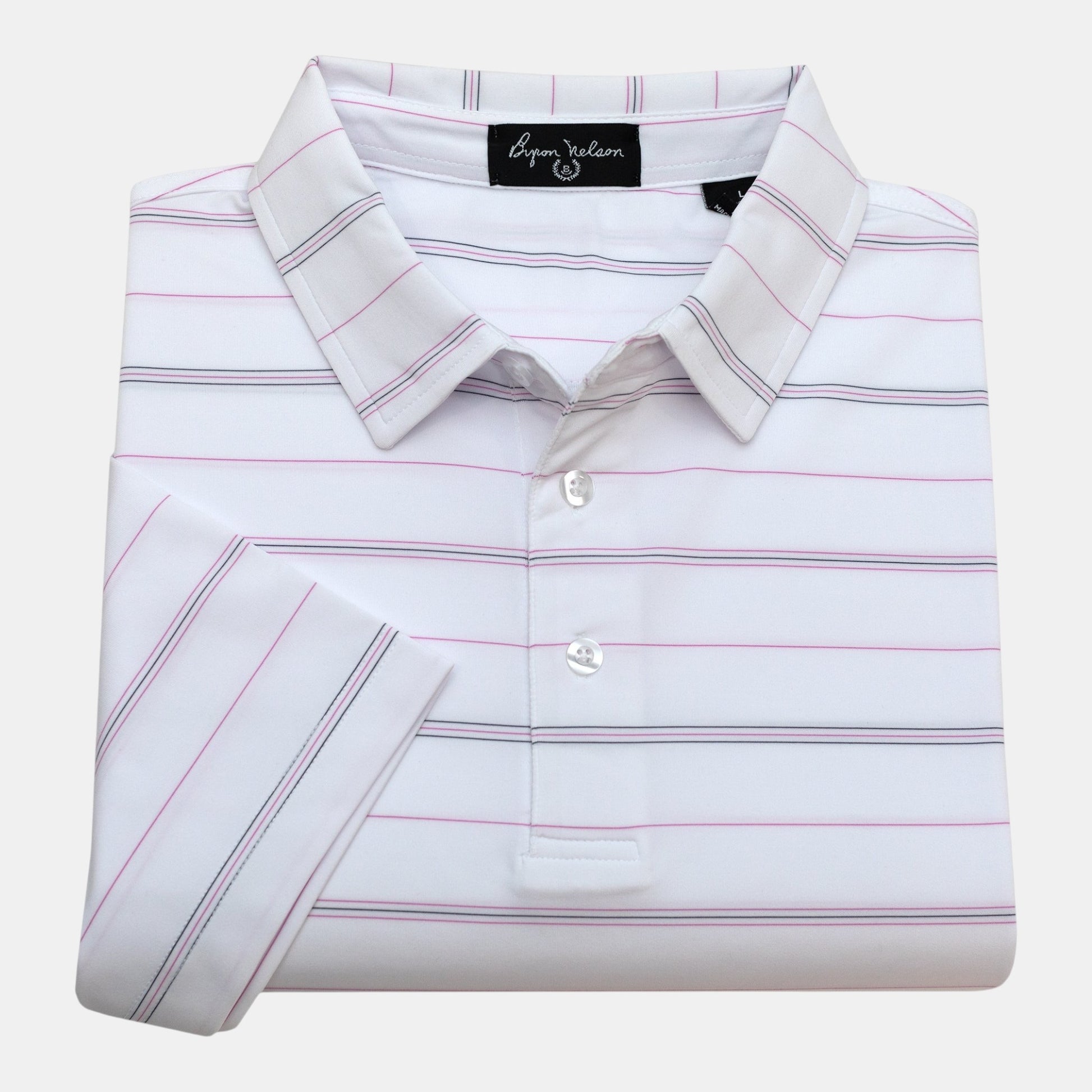 Byron Nelson white polo shirt with pink and black stripes, made of polyester and spandex blend for comfort and breathability.
