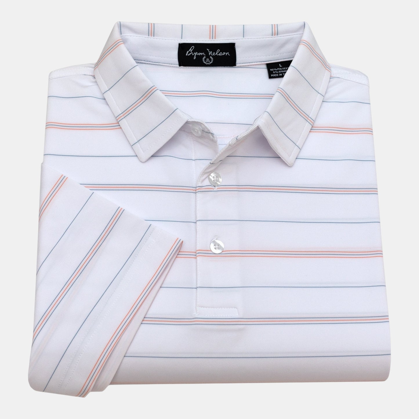 Byron Nelson white polo shirt with thin blue and coral stripes, made of polyester-spandex blend for comfort.