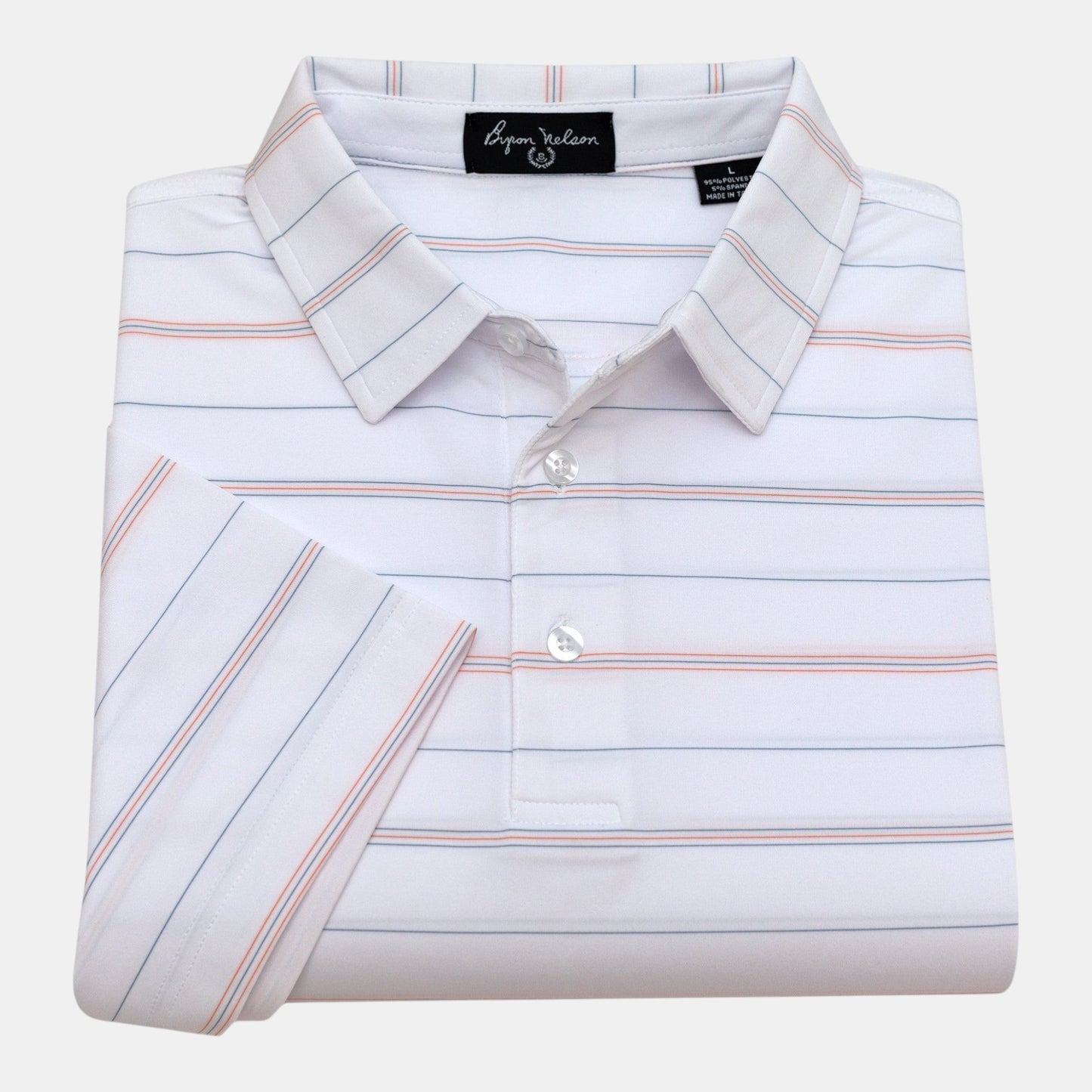 Byron Nelson white polo shirt with thin blue and coral stripes, made of polyester-spandex blend for comfort.