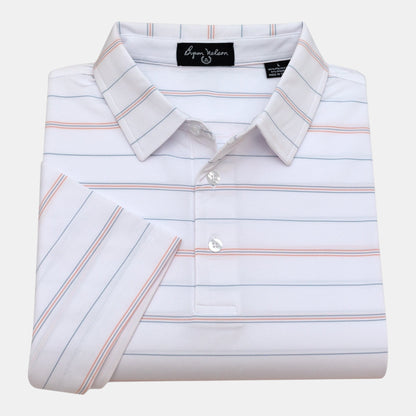Byron Nelson white polo shirt with thin blue and coral stripes, made of polyester-spandex blend for comfort.
