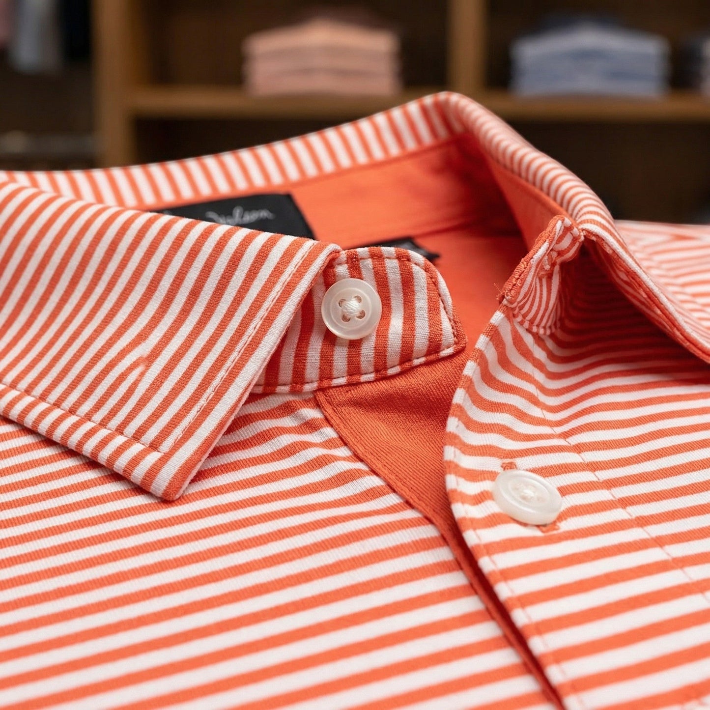 Byron Nelson orange and white striped polo shirt, made from stretch jersey fabric with a self-fabric collar.