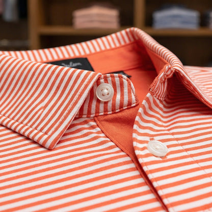 Byron Nelson orange and white striped polo shirt, made from stretch jersey fabric with a self-fabric collar.