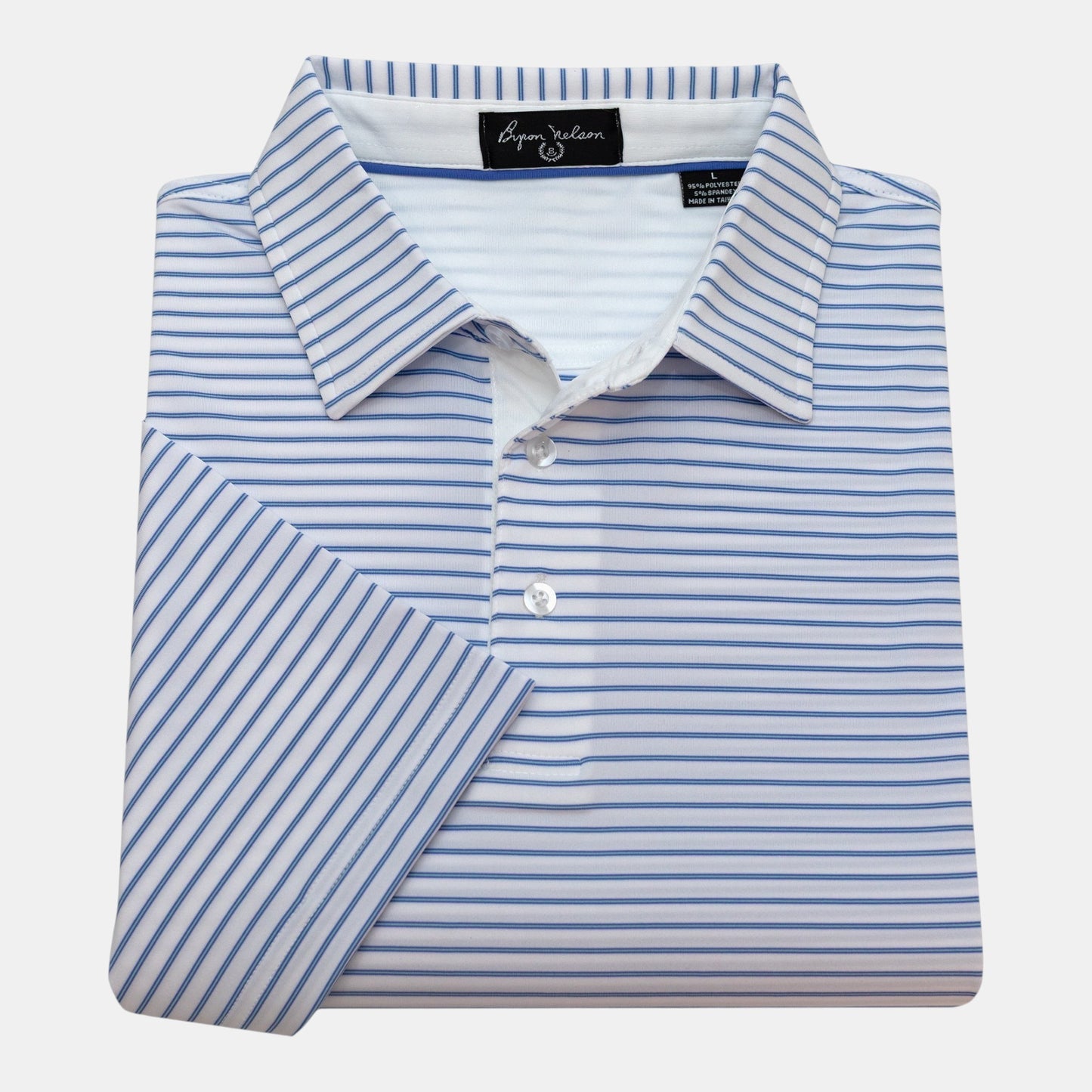 Byron Nelson blue and white striped polo shirt, 95% polyester, 5% spandex, moisture-wicking, quick-drying, tailored fit.
