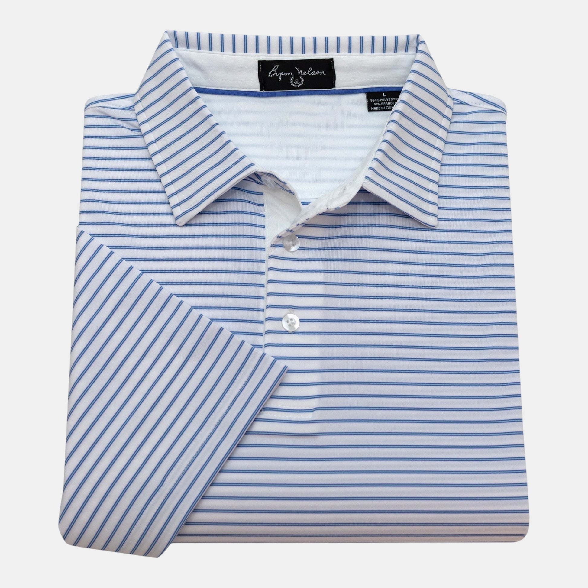 Byron Nelson blue and white striped polo shirt, 95% polyester, 5% spandex, moisture-wicking, quick-drying, tailored fit.