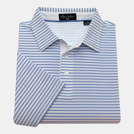 Byron Nelson blue and white striped polo shirt, 95% polyester, 5% spandex, moisture-wicking, quick-drying, tailored fit.