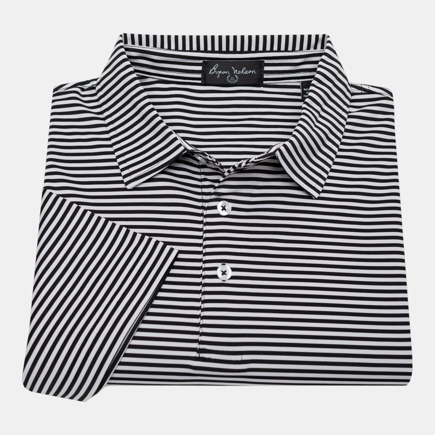 Byron Nelson black and white striped short-sleeve polo shirt made of polyester and spandex blend.
