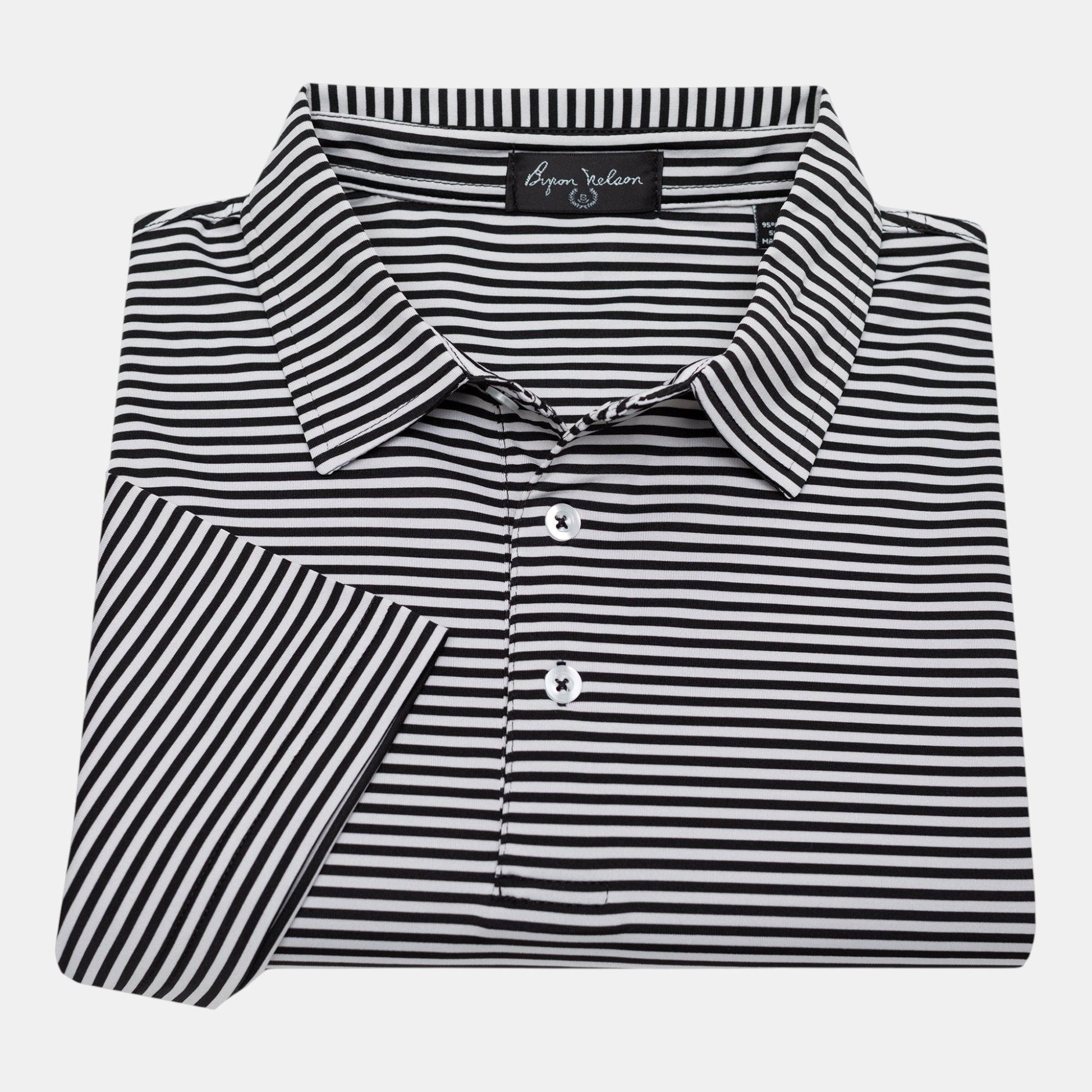 Byron Nelson black and white striped short-sleeve polo shirt made of polyester and spandex blend.