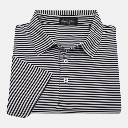 Byron Nelson black and white striped short-sleeve polo shirt made of polyester and spandex blend.