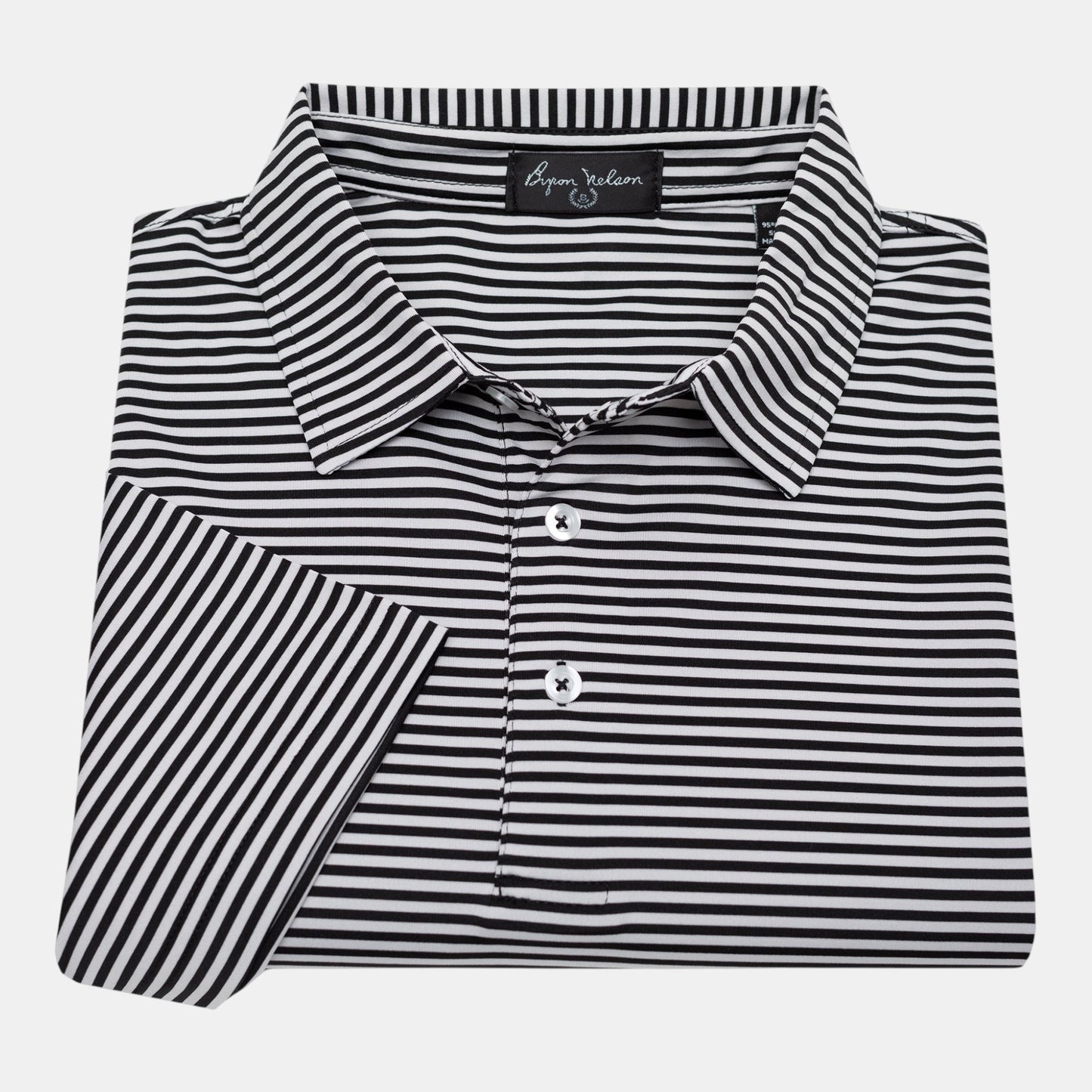 Byron Nelson black and white striped short-sleeve polo shirt made of polyester and spandex blend.