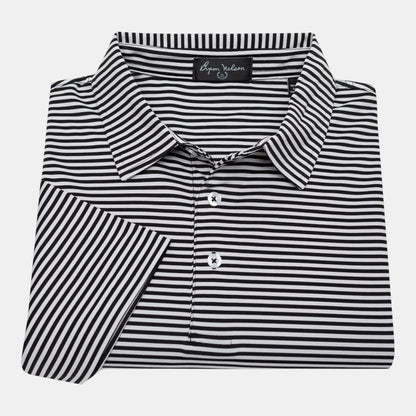 Byron Nelson black and white striped short-sleeve polo shirt made of polyester and spandex blend.