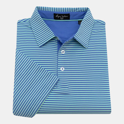 Byron Nelson blue and mint green striped short-sleeve polo shirt with self-fabric collar and white buttons.