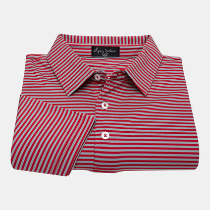 Byron Nelson red and grey striped polo shirt made from stretch polyester and spandex jersey fabric.