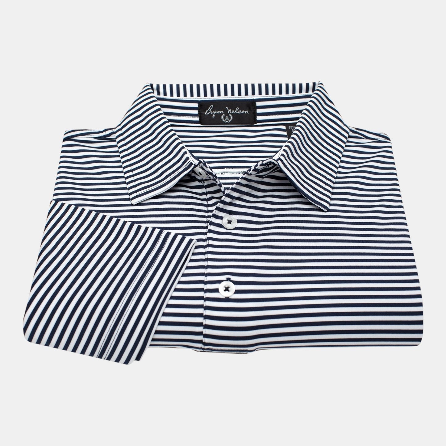 Byron Nelson navy and white striped polo shirt made from stretch jersey fabric with a self-fabric collar and white buttons.