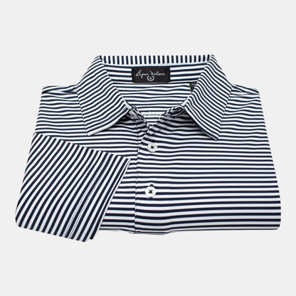 Byron Nelson navy and white striped polo shirt made from stretch jersey fabric with a self-fabric collar and white buttons.