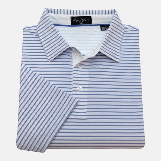 Byron Nelson blue and white striped polo shirt, 95% polyester, 5% spandex, moisture-wicking, quick-drying, tailored fit.