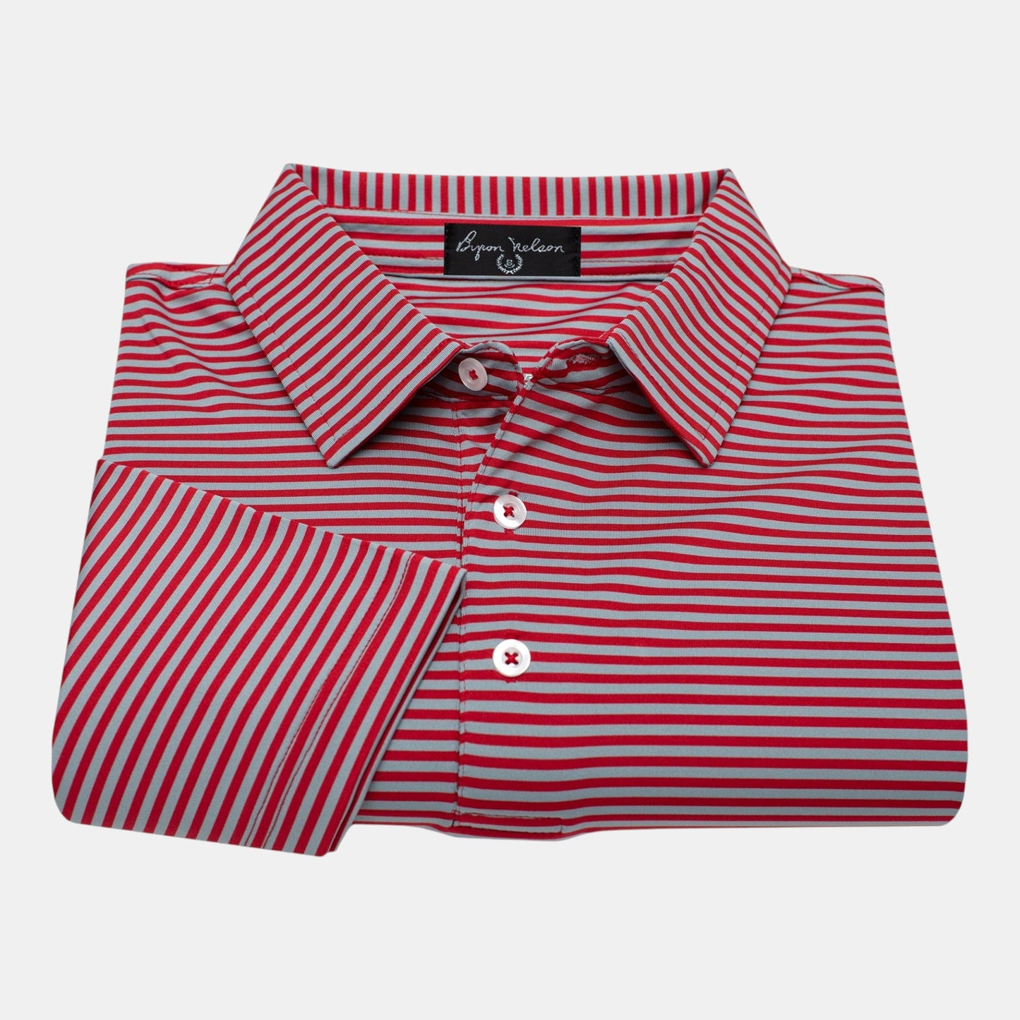 Byron Nelson red and grey striped polo shirt made from stretch polyester and spandex jersey fabric.