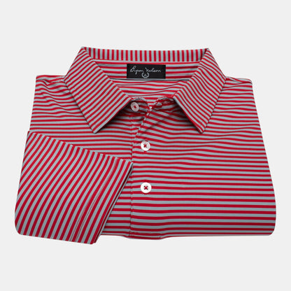 Byron Nelson red and grey striped polo shirt made from stretch polyester and spandex jersey fabric.