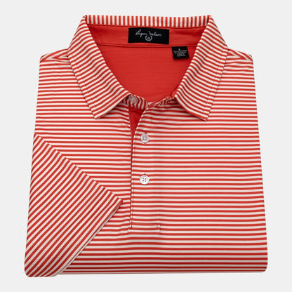 Byron Nelson red and white striped short-sleeve polo shirt made of polyester and spandex blend.