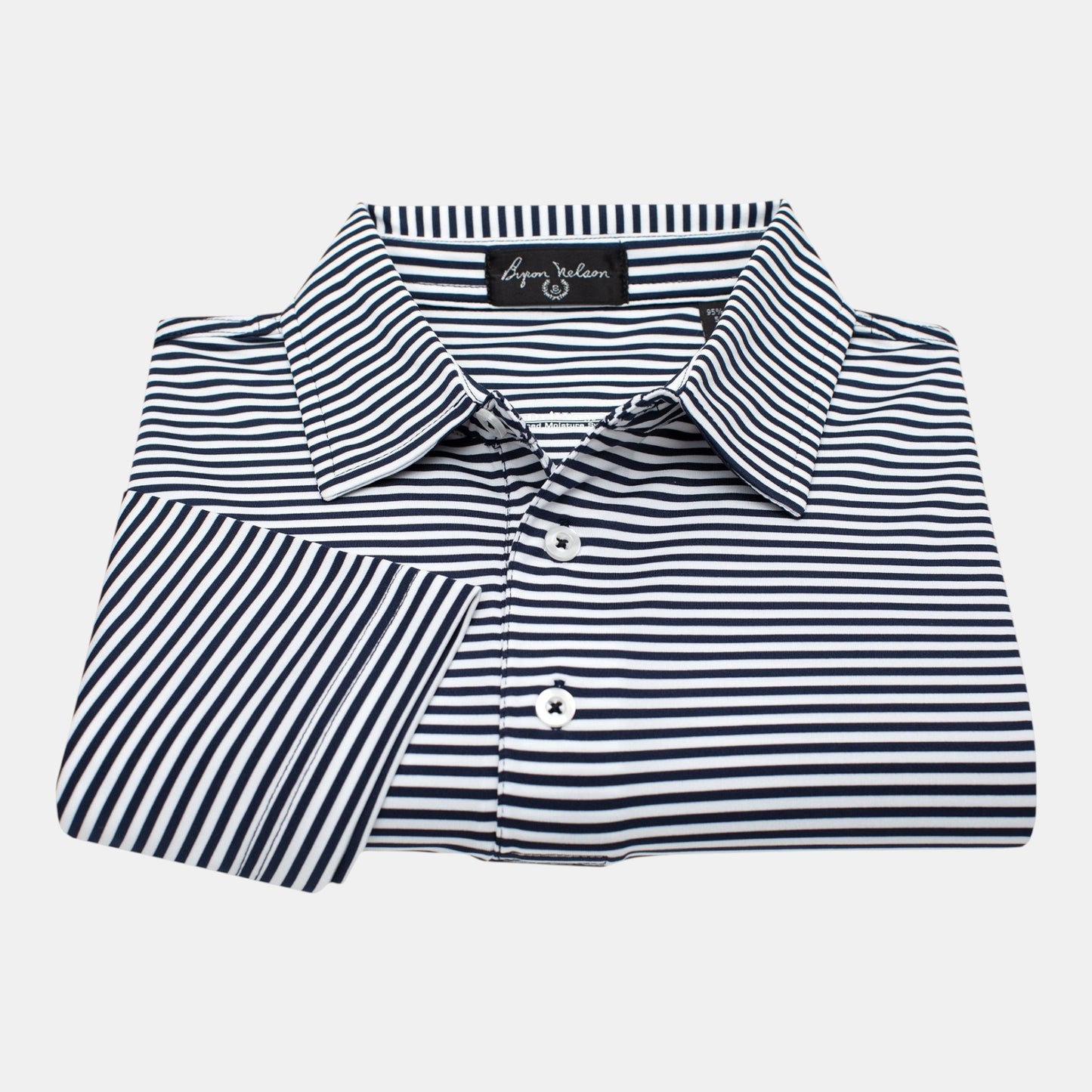 Byron Nelson navy and white striped polo shirt made from stretch jersey fabric with a self-fabric collar and white buttons.