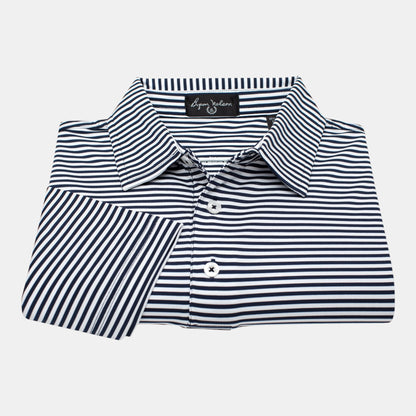 Byron Nelson navy and white striped polo shirt made from stretch jersey fabric with a self-fabric collar and white buttons.