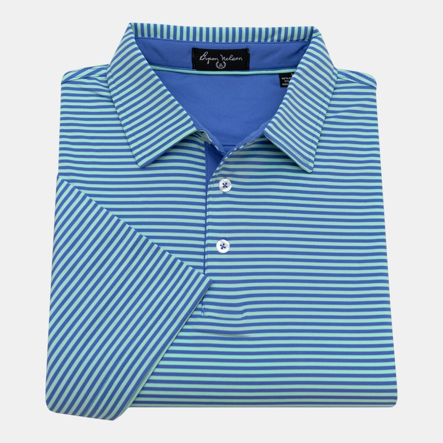 Byron Nelson blue and mint green striped short-sleeve polo shirt with self-fabric collar and white buttons.