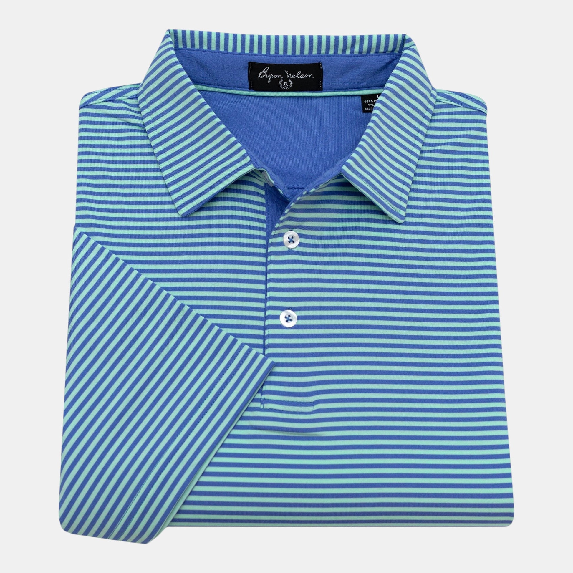 Byron Nelson blue and mint green striped short-sleeve polo shirt with self-fabric collar and white buttons.