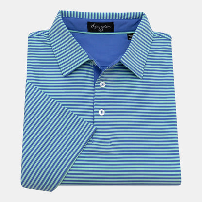 Byron Nelson blue and mint green striped short-sleeve polo shirt with self-fabric collar and white buttons.