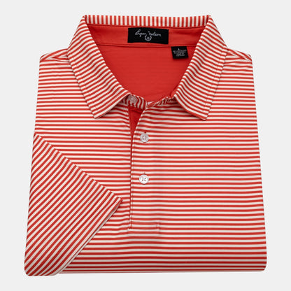 Byron Nelson red and white striped short-sleeve polo shirt made of polyester and spandex blend.