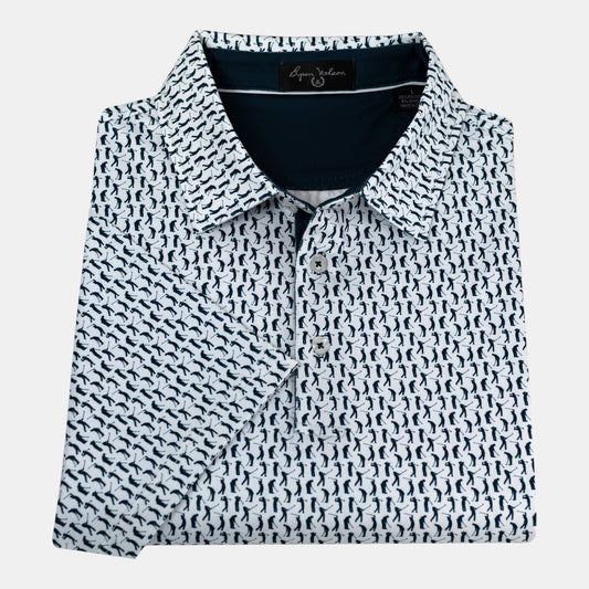 Byron Nelson Sunday Swing Polo in white with a navy blue golfer pattern, featuring a classic collar and button placket