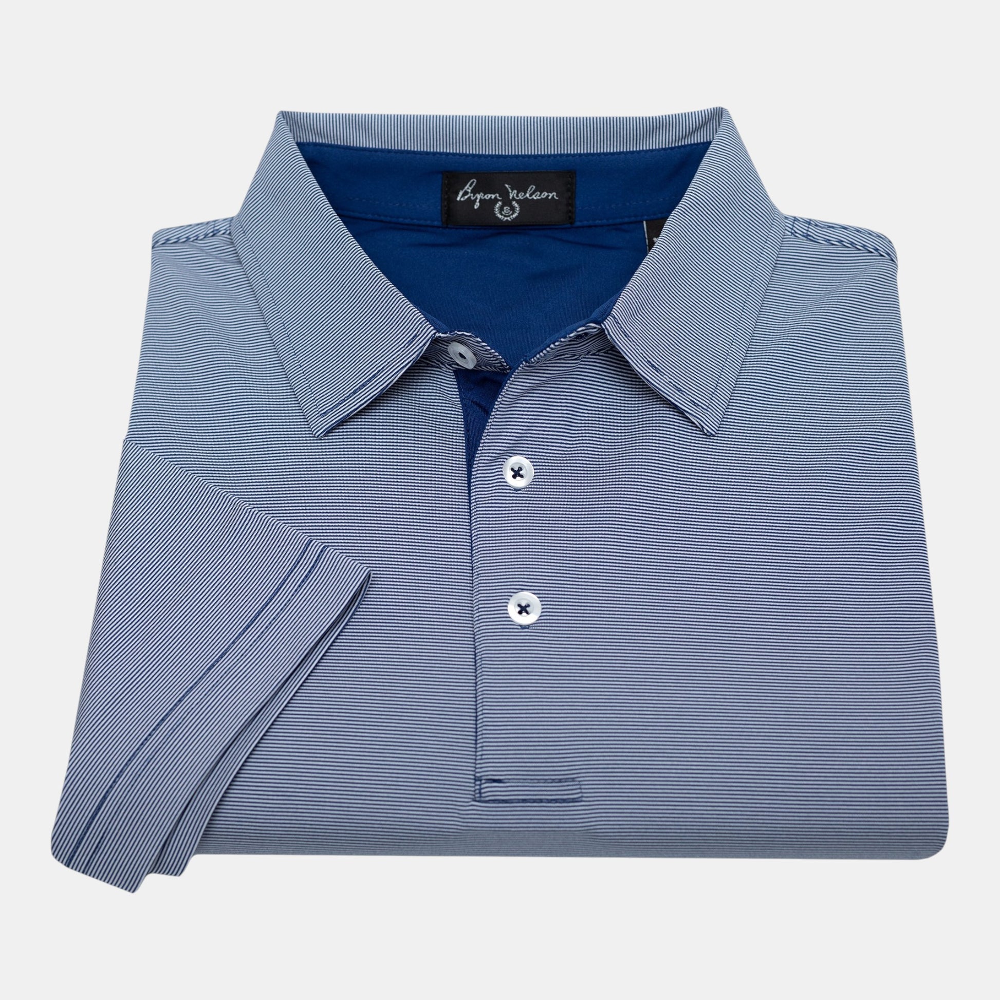 Byron Nelson Tampa Polo shirt in blue with fine white pinstripes, moisture-wicking fabric, and classic collar.
