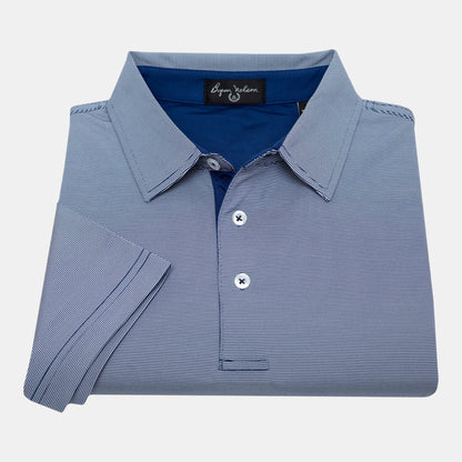 Byron Nelson Tampa Polo shirt in blue with fine white pinstripes, moisture-wicking fabric, and classic collar.