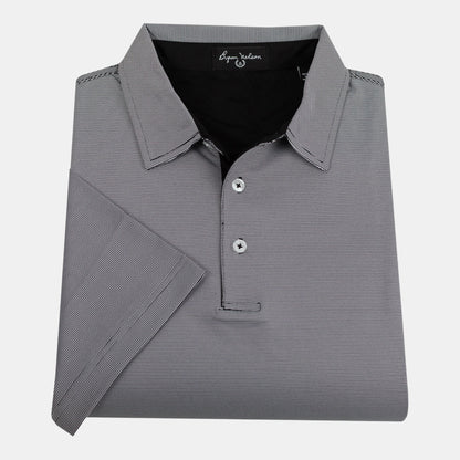 Byron Nelson Tampa Polo shirt in grey with thin white stripes, featuring a classic collar and two white buttons.