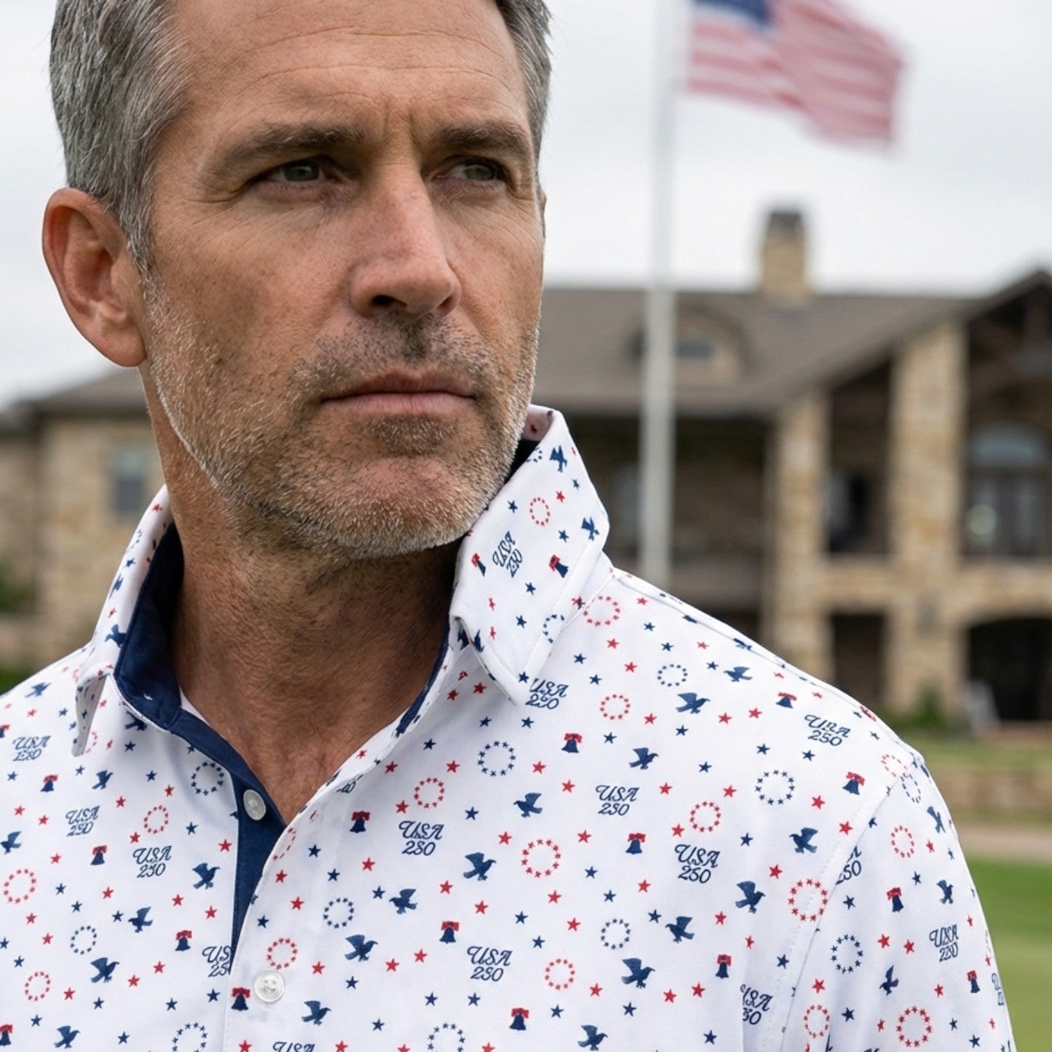 Byron Nelson white polo shirt with USA 250th Anniversary patriotic print, featuring red stars, blue eagles, and Liberty Bells. Moisture-wicking polyester-spandex blend.