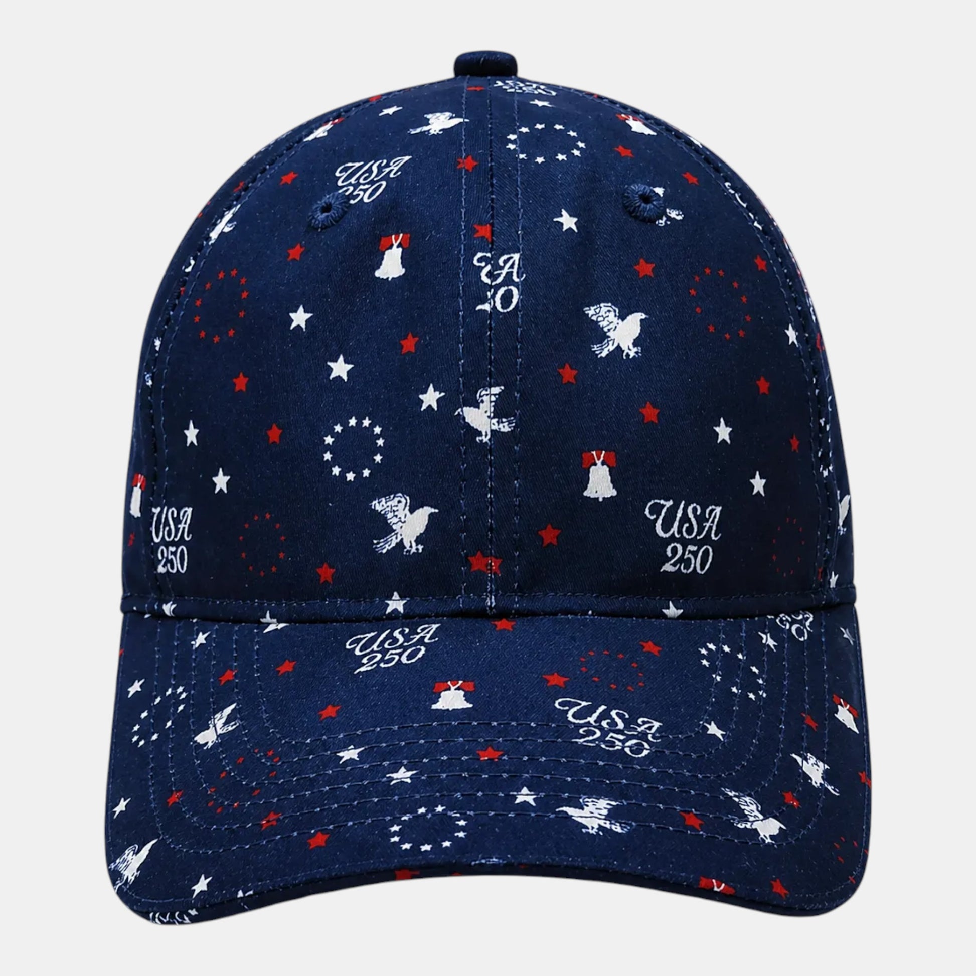 Byron Nelson navy blue 100% polyester cap with all-over patriotic print of stars, eagles, bells, and "USA 250" text. Adjustable strap.