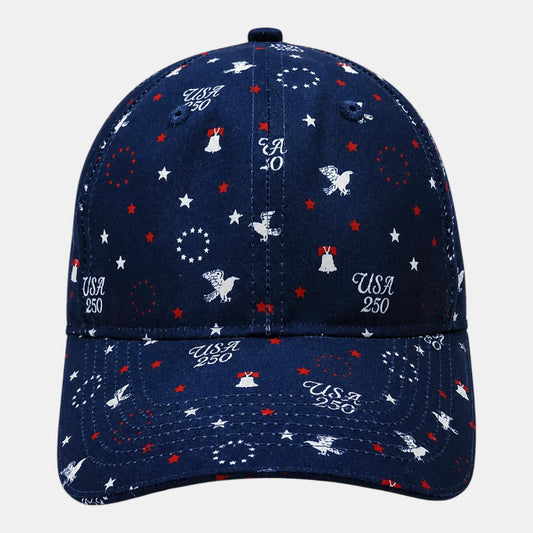 Byron Nelson navy blue 100% polyester cap with all-over patriotic print of stars, eagles, bells, and "USA 250" text. Adjustable strap.