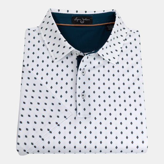 Byron Nelson white polo shirt with a blue and orange geometric diamond print, featuring a tailored collar.