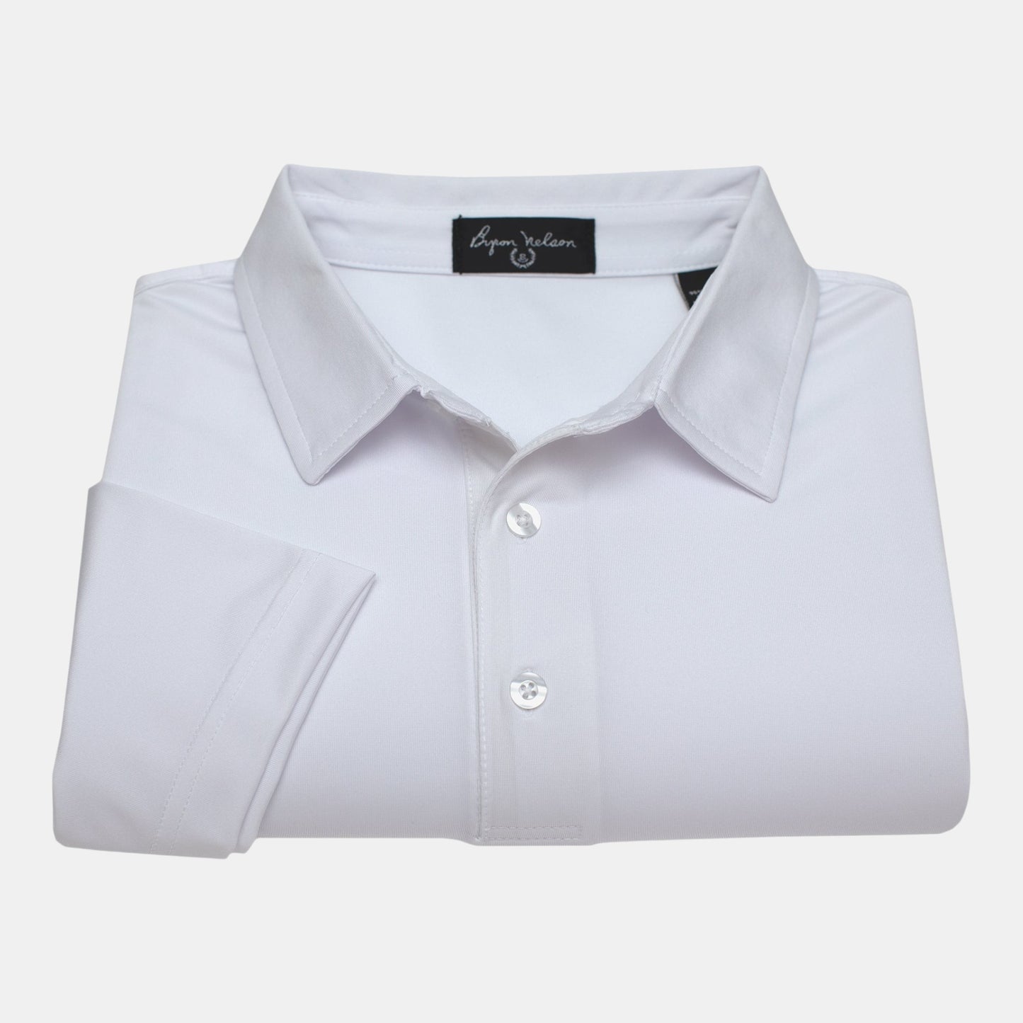 Byron Nelson white short-sleeve polo shirt made of polyester and spandex jersey with a soft, moisture-wicking feel.