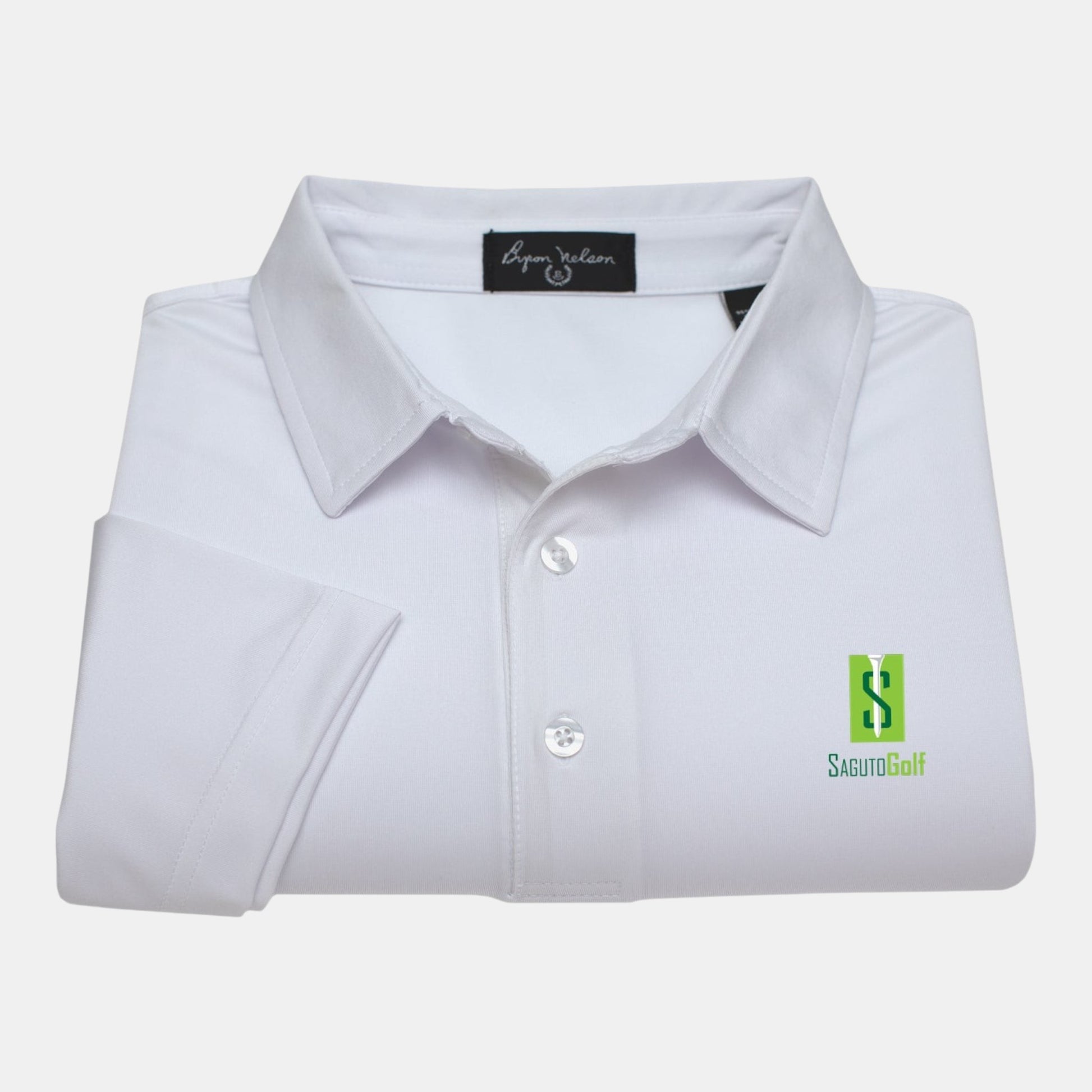 Byron Nelson white polyester-spandex polo shirt with green Saguto Golf logo on chest, moisture-wicking fabric.