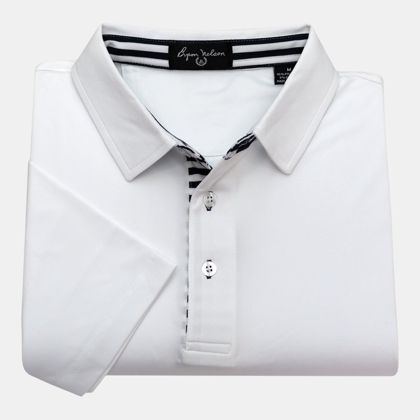 Byron Nelson white short-sleeve polo shirt with striped placket and collar. Made from a polyester-spandex blend.