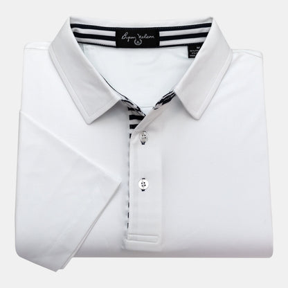 Byron Nelson white short-sleeve polo shirt with striped placket and collar. Made from a polyester-spandex blend.